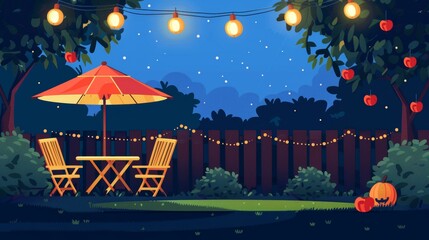 An evening backyard with a fence, table, chairs, umbrella, trees and garland. Modern parallax background for 2nd dimensional animations with summer landscapes with furniture for picnics on the lawn.
