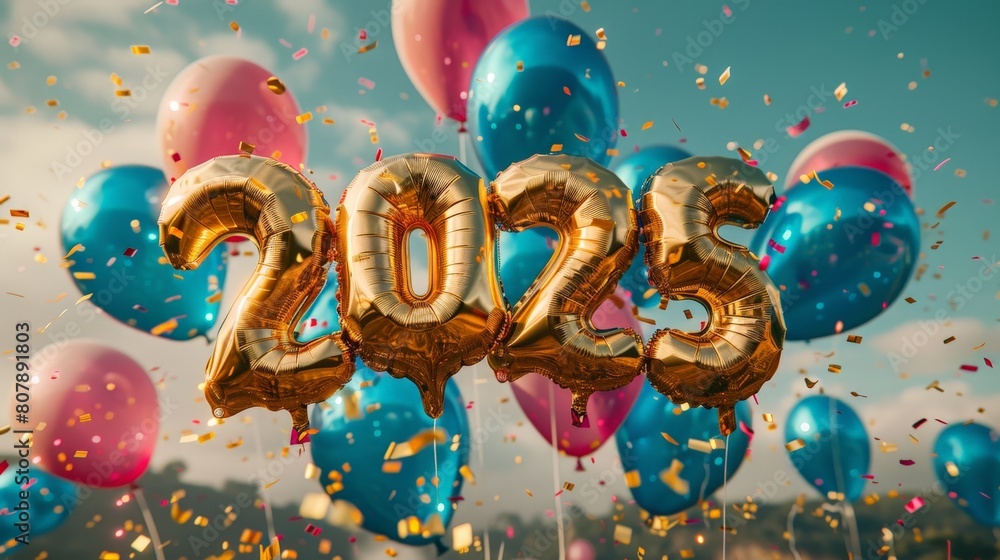 Poster a collection of colorful balloons displaying the number 2025, floating in the sky