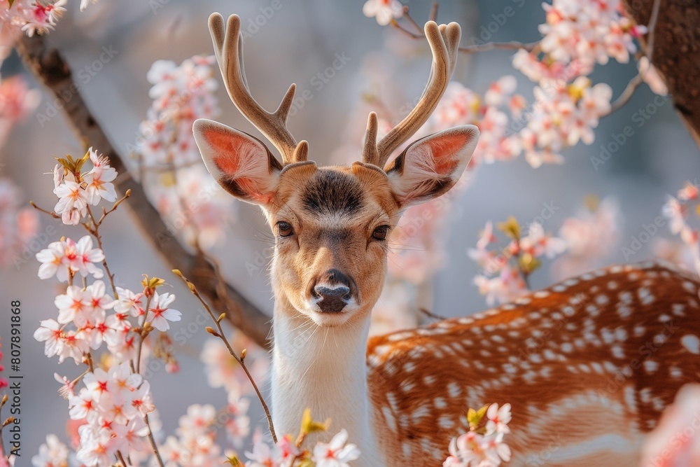 Wall mural A deer is standing amongst a field of blooming cherry blossoms