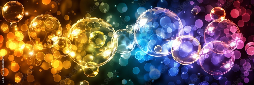 Poster bright and vibrant bubbles of various sizes and colors set against a dark background, creating a str