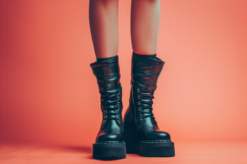 legs and feet wearing black leather high boots standing isolated on plain orange studio background,