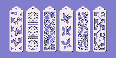 Set of vertical bookmarks with butterfly pattern. Laser cut template. Decorative bookmark stencil for paper, wood and metal cutting. Vector design