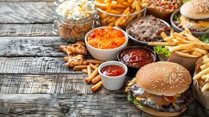 Top view of various unhealthy fast foods on a wooden table. Concept Fast Food, Unhealthy Eating, Top View, Wooden Table, Food Photography
