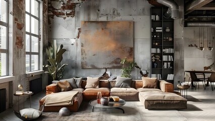 Contemporary industrial loft living room with concrete walls and sand brown furniture. Concept Industrial Loft Design, Concrete Walls, Sand Brown Furniture, Contemporary Living Room