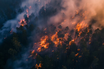 A forest fire is raging through a forest, with smoke