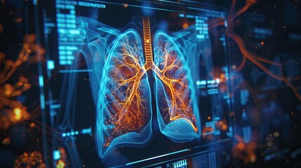 An atmospheric depiction of a lung Xray on a sythwave inspired digital display, emphasizing the blend of healthcare technology and modern digital art