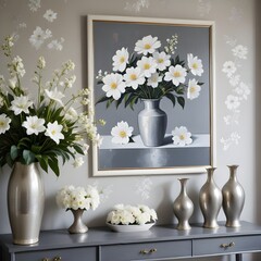  A gray and white floral painting on the wall , with a vase of white flowers and three metallic vases on a gray console table in the foreground