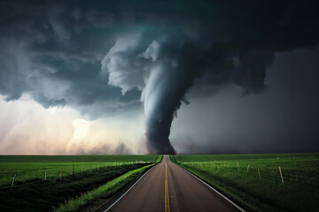 Tornado in a field in the USA with road in field under stormy dark sky