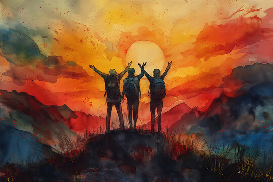 Friends standing on a hilltop, arms raised in triumph as they watch the sunrise together, symbolizing the start of a new day filled with friendship and possibilities. Watercolor st