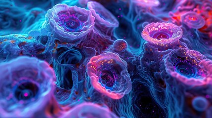A vibrant neonlit micrograph of intestinal cells, illustrating the detailed cellular structure within a macro medical context, emphasizing advanced biological studies