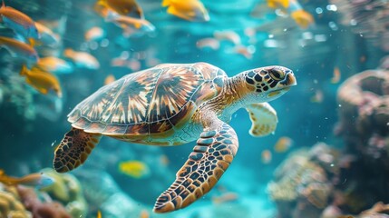 Obraz premium A turtle gracefully navigates through an aquarium teeming with various fish species