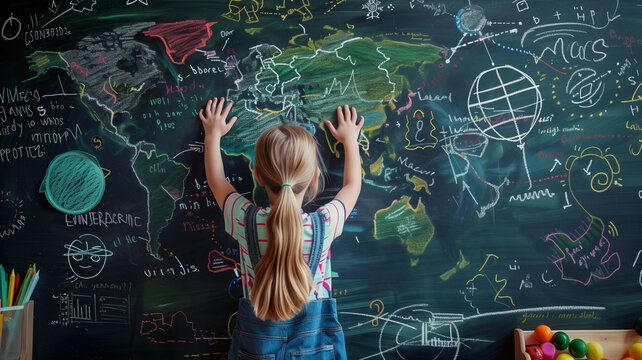 Little girl writing on blackboard with chalk