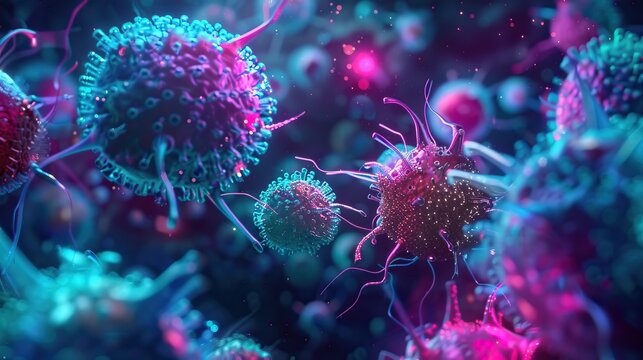 A medical illustration featuring cancer cells from a microscopic to macroscopic view, illuminated by neon lights to enhance visual clarity and focus