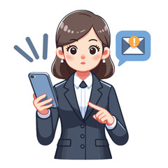 cartoon illustration of a businesswoman with a smartphone receiving an email notification