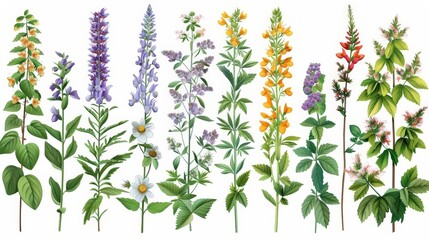 botanical illustration of medicinal plants featuring a variety of colorful flowers, including purple, white, yellow, and purple - and - white blooms, with a green leaf in the foreground