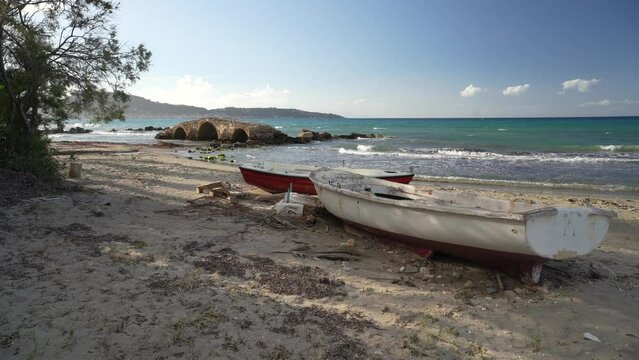 boats on the shore and beach of ARgassi , Zakynthos