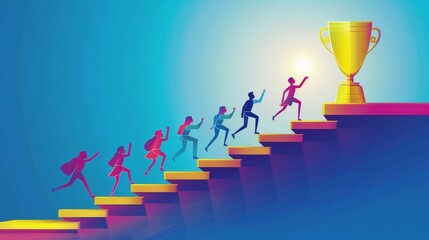 The business people climb up the financial graph stairs with a golden cup on top. The way to success concept, challenge and leadership. Line art modern illustration with characters co-operating and