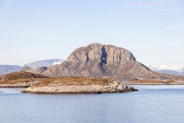 Torghatten mountain seen from the coastal express ship Ms Nordkapp