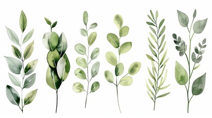 Elegant watercolor greenery collection with diverse leaf types