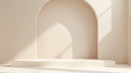 Minimalist arch stage design with warm sunlight and shadows