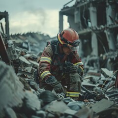 Obraz premium Firefighter kneeling in the rubble of a building searching for survivors after an earthquake.