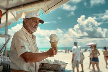 old man selling ice cream on the beach on bokeh style background