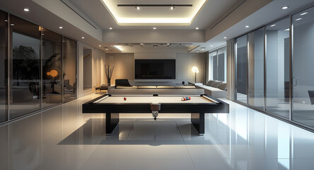 The minimalist modern decor of this billiards lounge offers a sleek and refined ambiance. Generative AI.