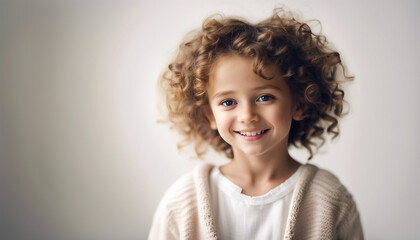 happy portrait of a little girl with curly hair, isolated white background
