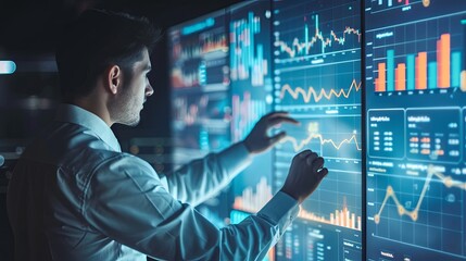 Business analyst studying interactive financial charts on screens