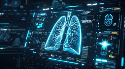 A lung Xray visualization on a digital interface with sythwavestyle neon accents, highlighting innovations in medical imaging techniques