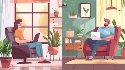 A modern illustration of a cartoon illustration of people sitting in a cozy chair with laptops illustrating work from home posters.