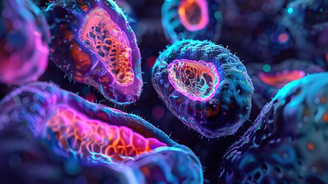 A highresolution image of intestinal cells under a microscope, highlighted by striking neon accents, merging microscopic detail with macroscopic medical analysis