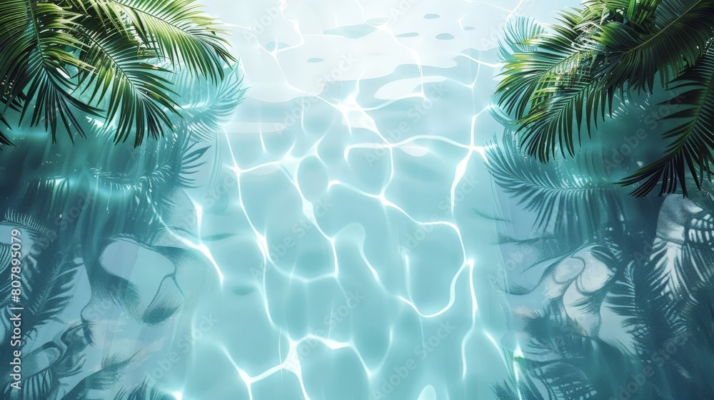 Poster A waterfall cascading over rocks with tall palm trees in the background under a clear sky