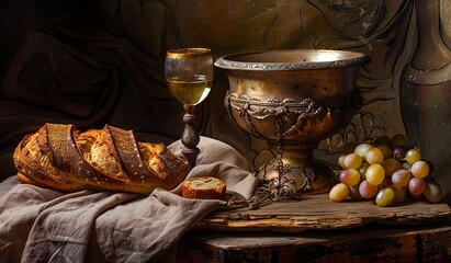 Vintage still life with golden chalice, rustic bread, and grapes