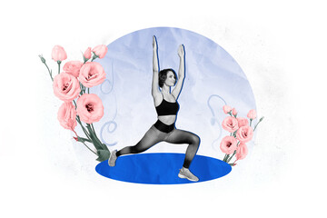 Sketch image artwork photo collage of spring season rose flower black white silhouette sporty young lady keep balance yoga asana pilates - Powered by Adobe