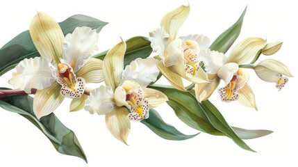 botanical illustration of rare orchid species featuring white and yellow flowers and green leaves