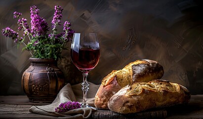 Rustic still life with homemade bread, red wine, and lavender