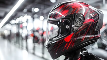 Fototapeta premium Modern motorcycle helmet isolated on white background for safety on the road. Concept Safety Gear, Motorcycle Accessories, Protective Headgear, Road Safety, Isolated Photography