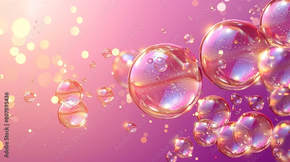 Poster multiple soap bubbles gracefully float against a vibrant purple backdrop, creating a whimsical and c