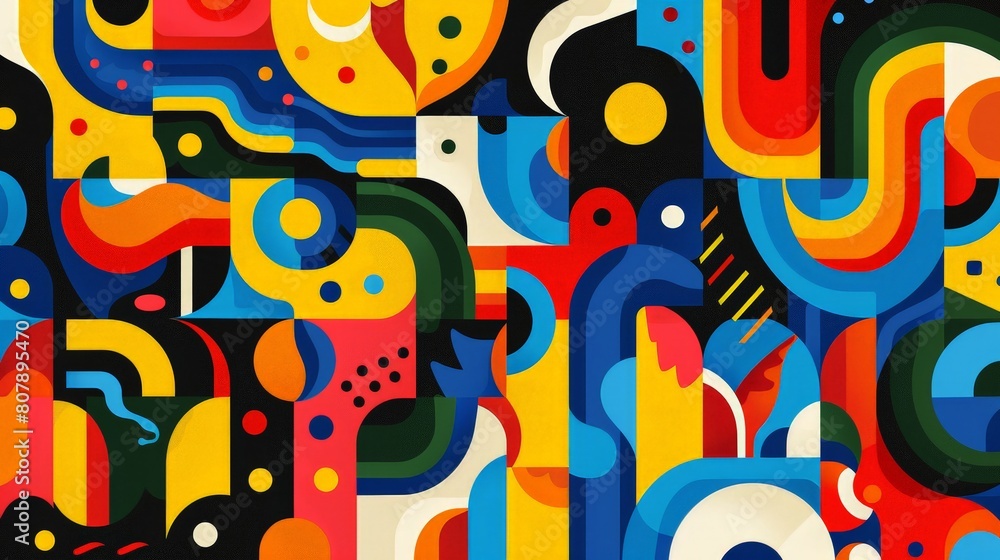 Poster A vibrant abstract painting filled with an array of different shapes in various sizes and colors
