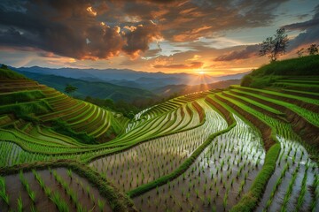 Green rice fields with rows of paddy seedlings