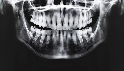 Dental X-ray of adult teeth and jaw structure, used for diagnostic and orthodontic purposes. Concept of dental health in medical education 