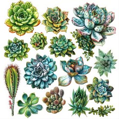 botanical illustration of succulents in various colors and sizes, including green, blue, and green - and - blue flowers, as well as a blue butterfly