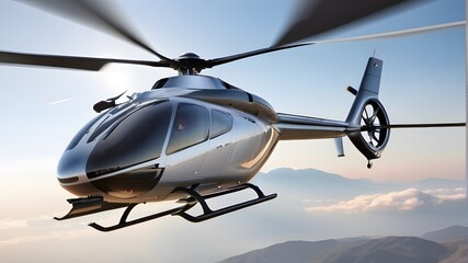 A sleek, modern helicopter soaring through the sky, its blades slicing through the air with effortless grace.