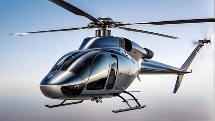 A sleek, modern helicopter soaring through the sky, its blades slicing through the air with...