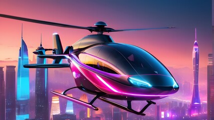 "A sleek and streamlined helicopter with a futuristic twist, soaring through a neon-lit cityscape."