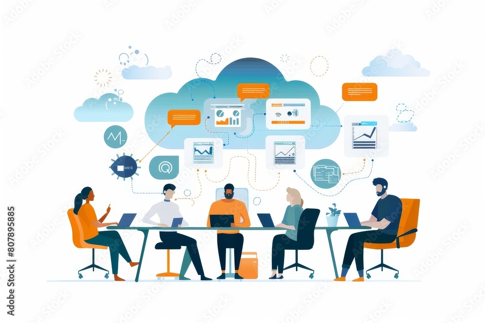 Poster digital work in business employs tech and cloud synchronization services for puzzle solving