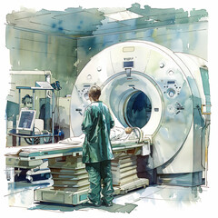 Watercolour sketch of MRI machine doctor wearing green surgical suit

