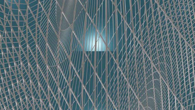 Silver metal structure rotates in free space, close-up, wireframe