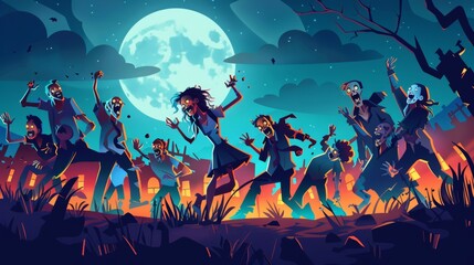 Zombie posters featuring creepy undead characters. Modern banner of zombie monsters with cartoon illustration of night landscape with angry dead man with dangling arms.